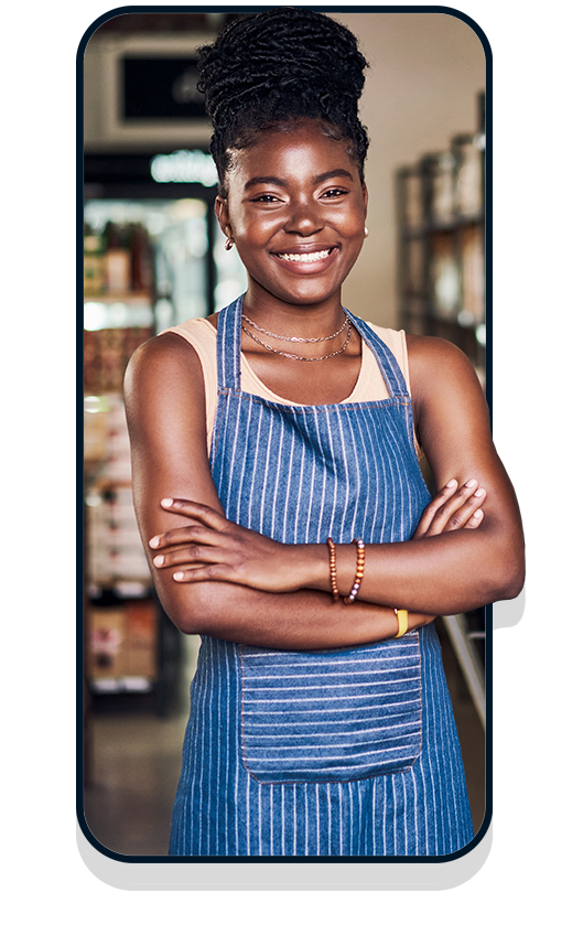 Female business owner in blue apron in mobile frame